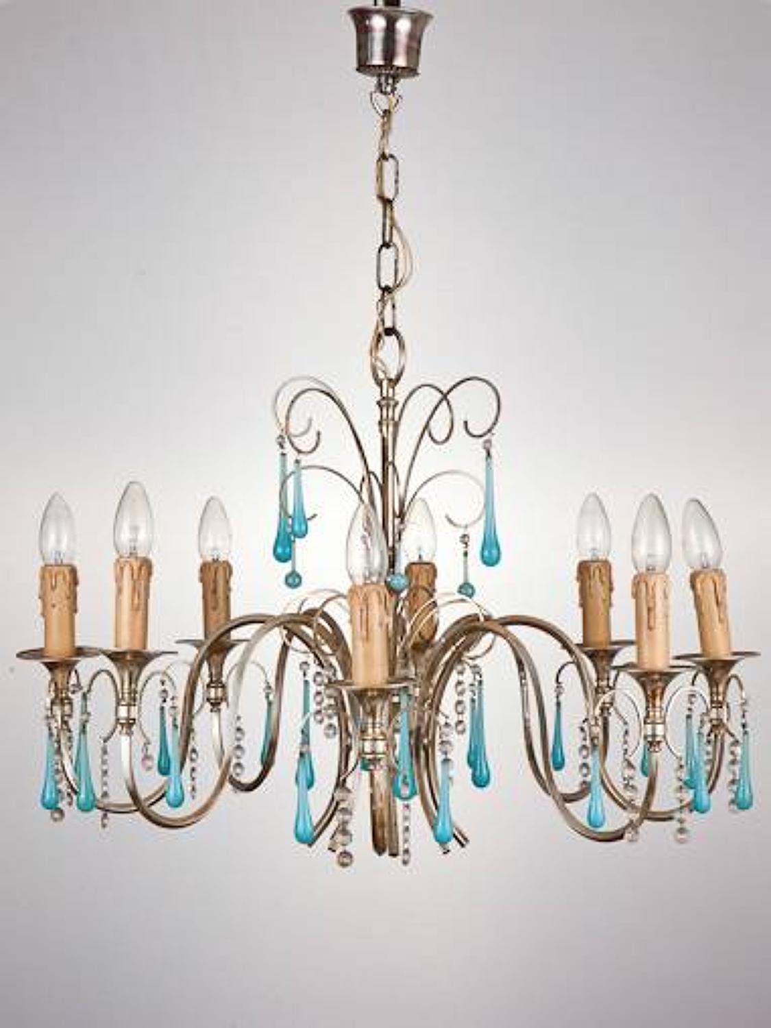 1950`s French silver plated chandelier with blue teardrops.