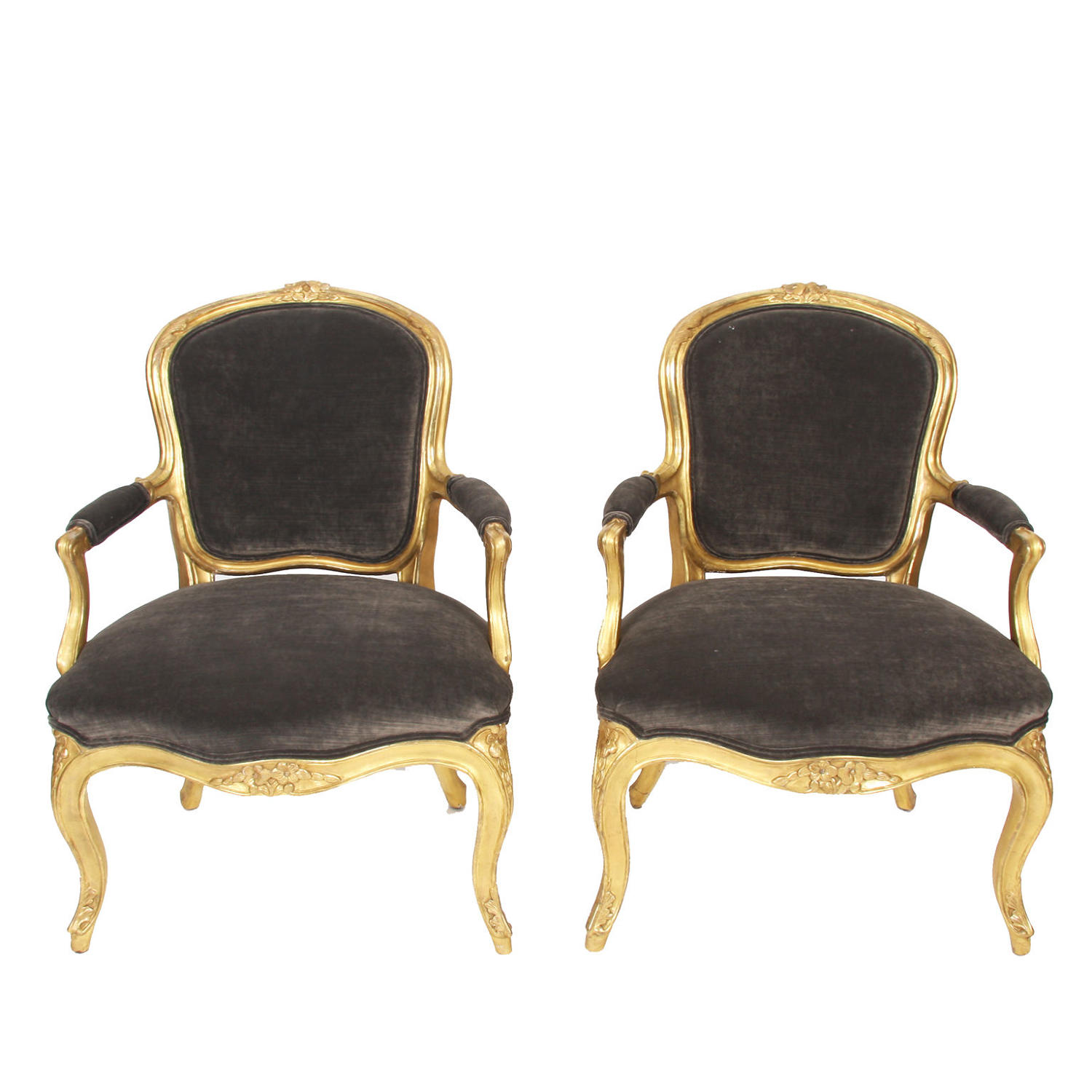 Pair of Grey Velvet & Giltwood Salon Chairs