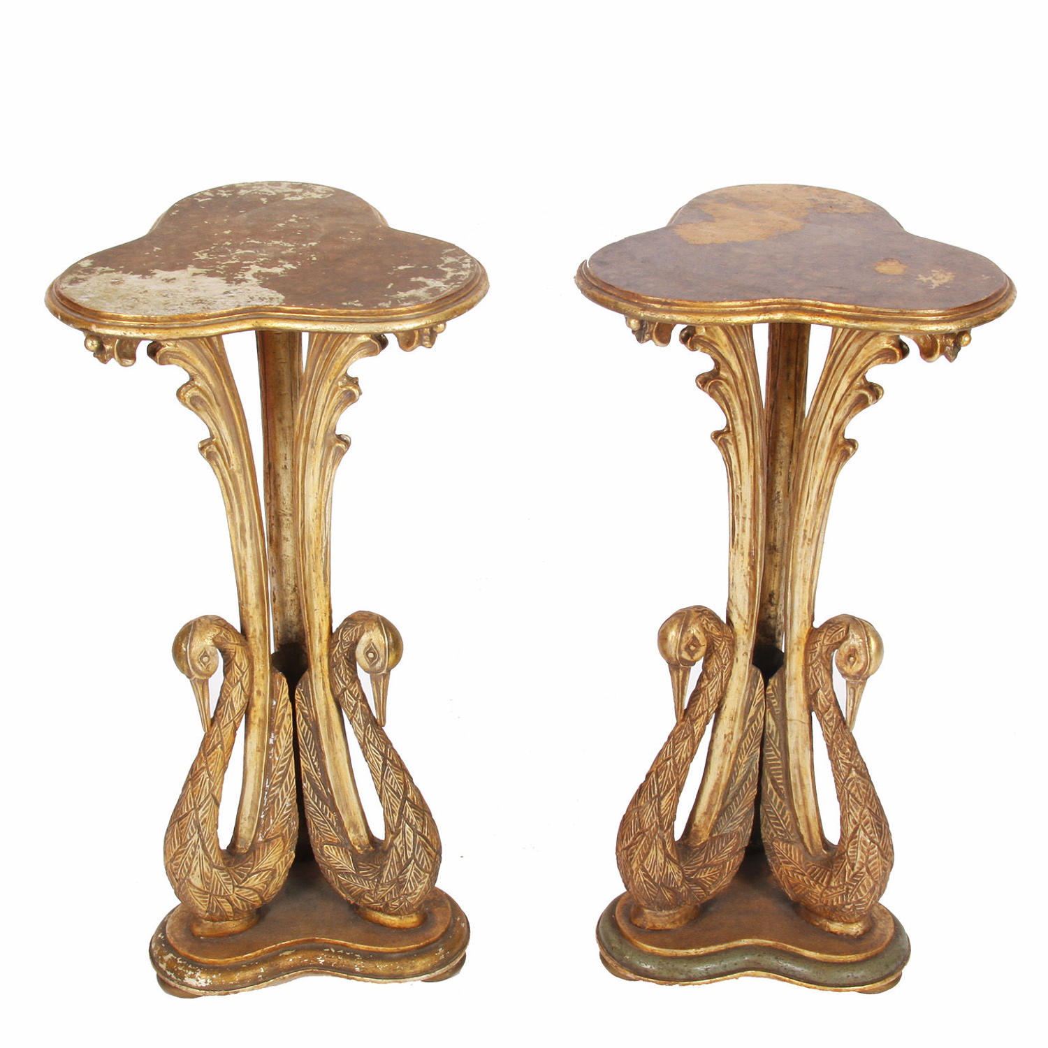 Pair of Carved Wood Swan Lamp Tables