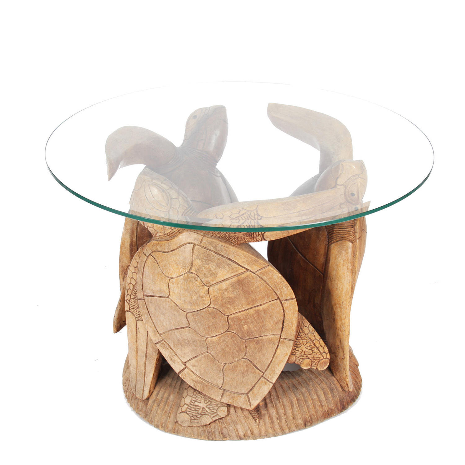 Carved Wooden Turtle Table with Glass Top
