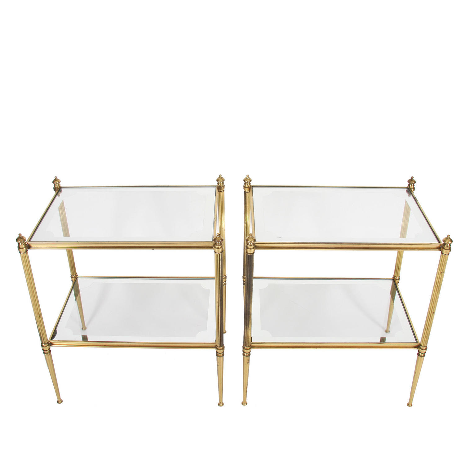 Pair of Two Tier Brass & Glass Side Tables with Mirrored Borders