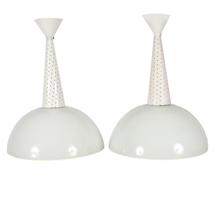 Pair of Opaline & Perforated Pendant Lights by Mategot France