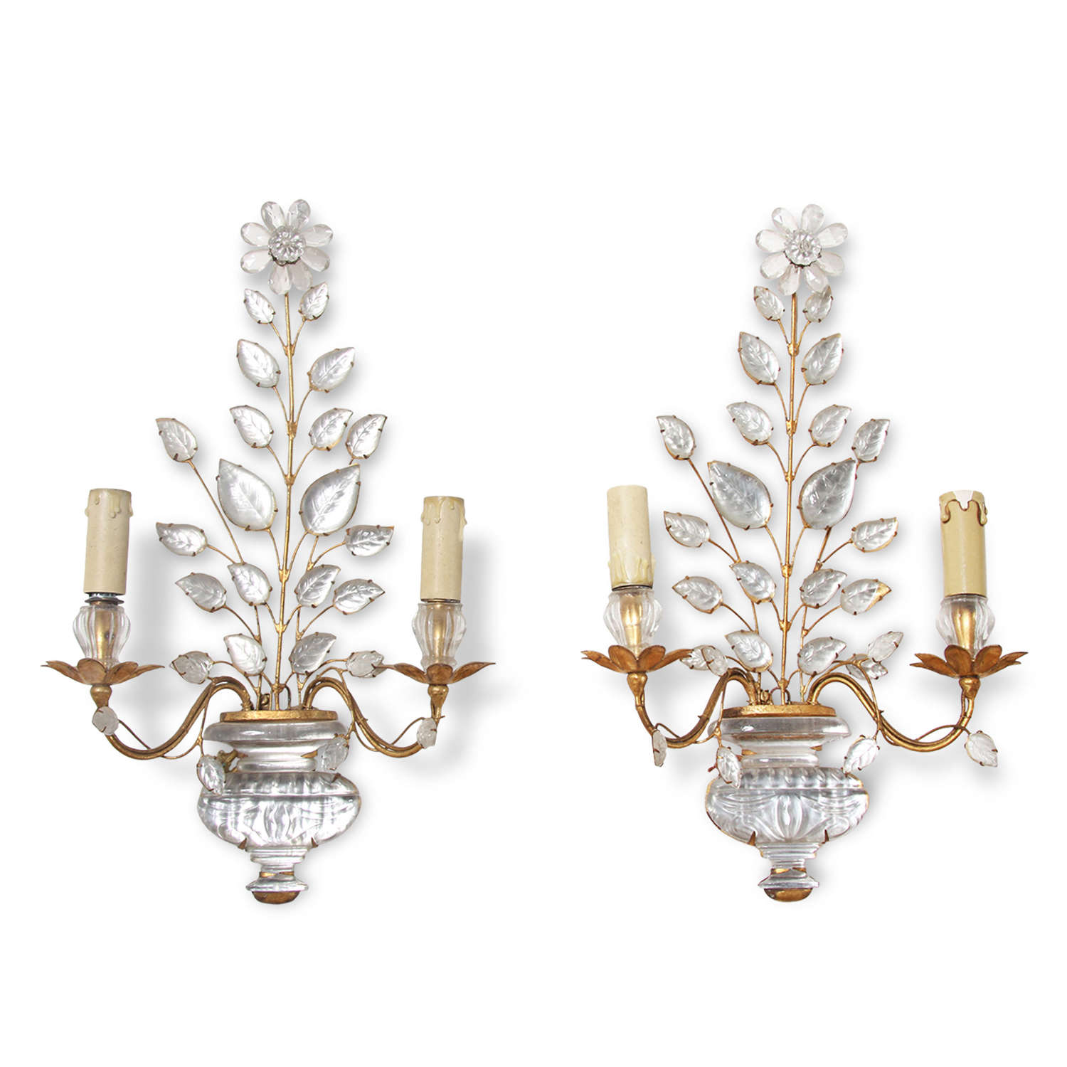 Pair of French Mid-Century Baguès Wall Sconces With Floral Motifs