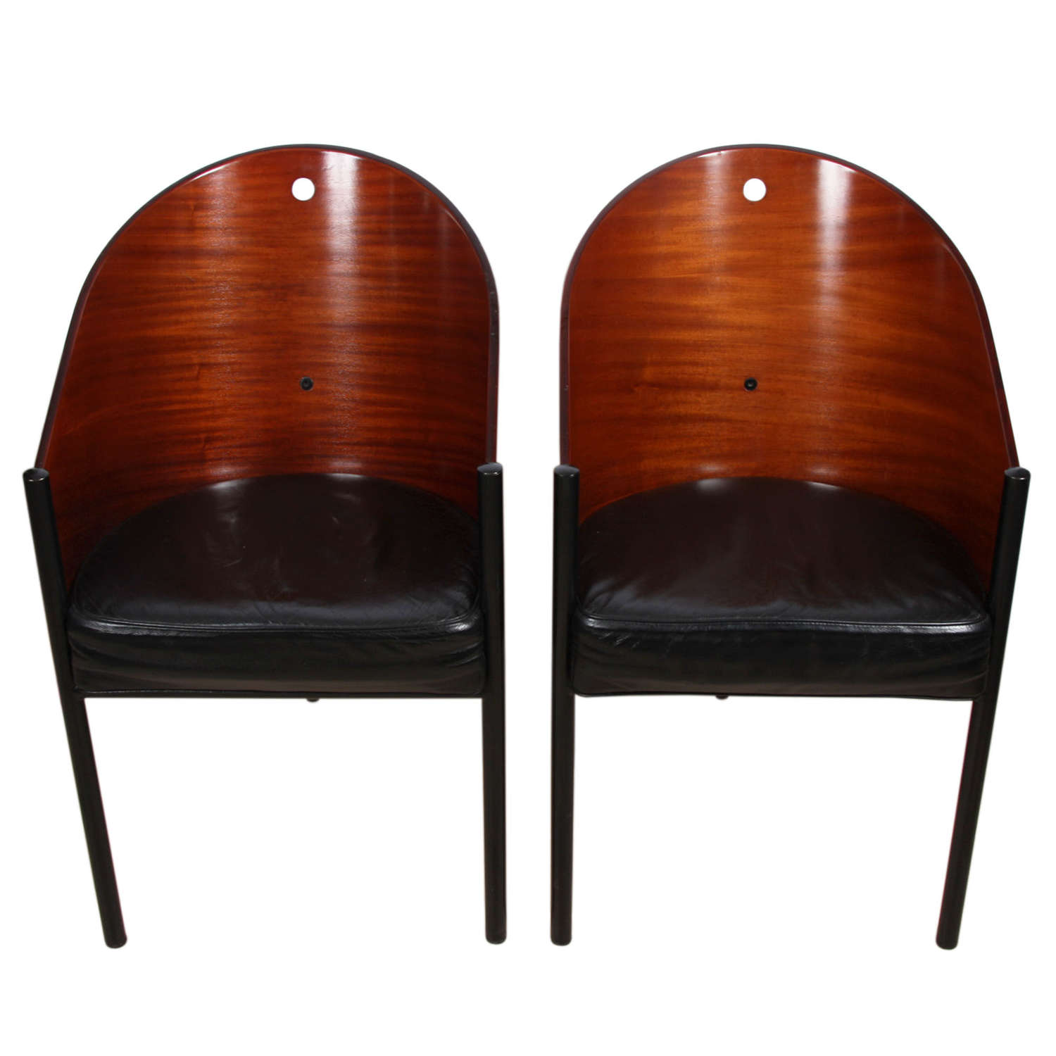 Set of 2 Phillippe Starck Wood & Leather Chairs for Costes Café Paris