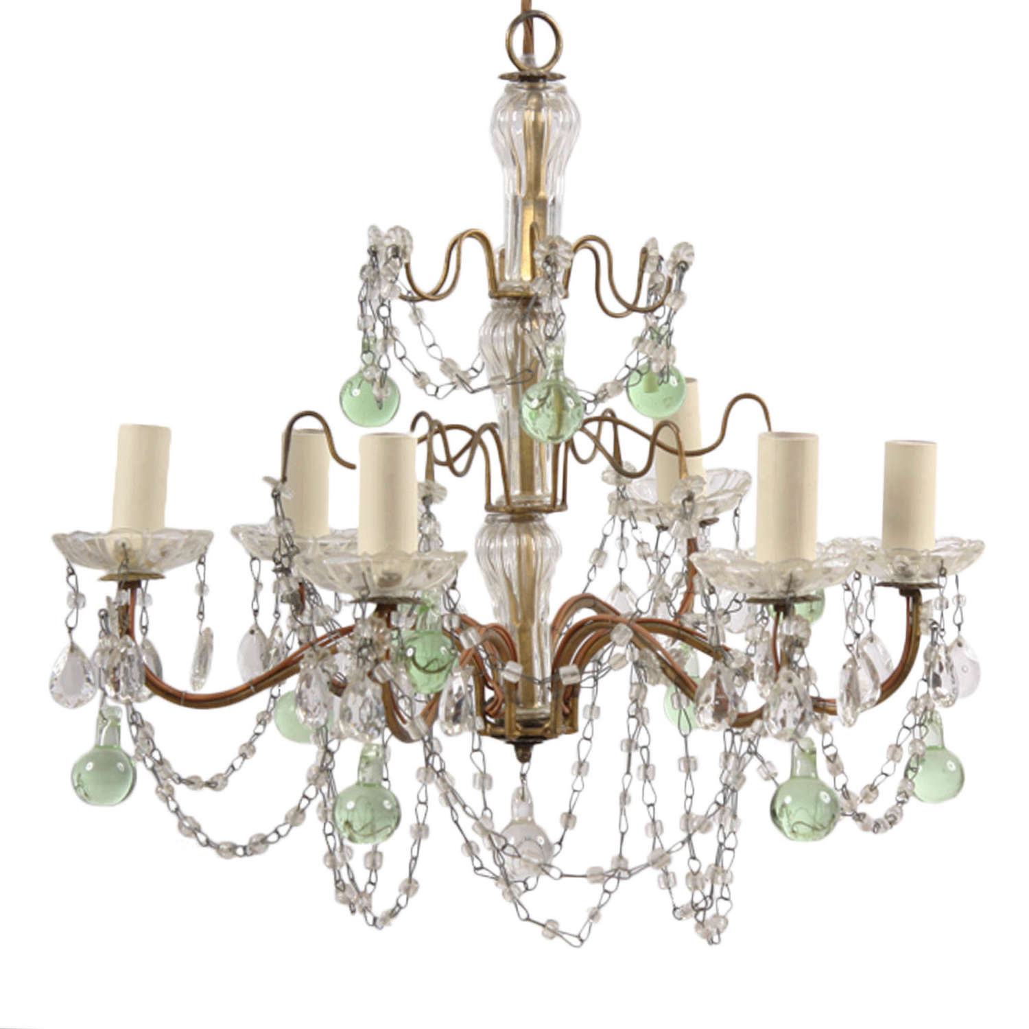 Small 1920s French Chandelier with Green Glass Detail