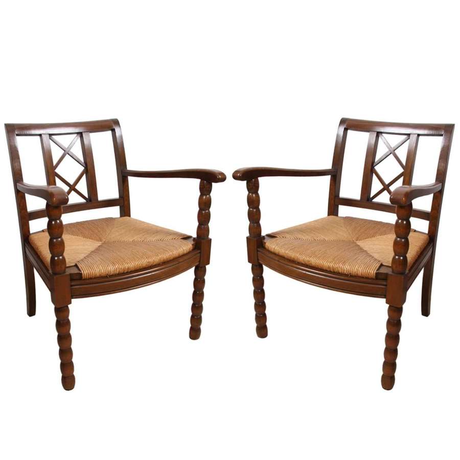Pair of French 1940s Walnut and Rush Chairs