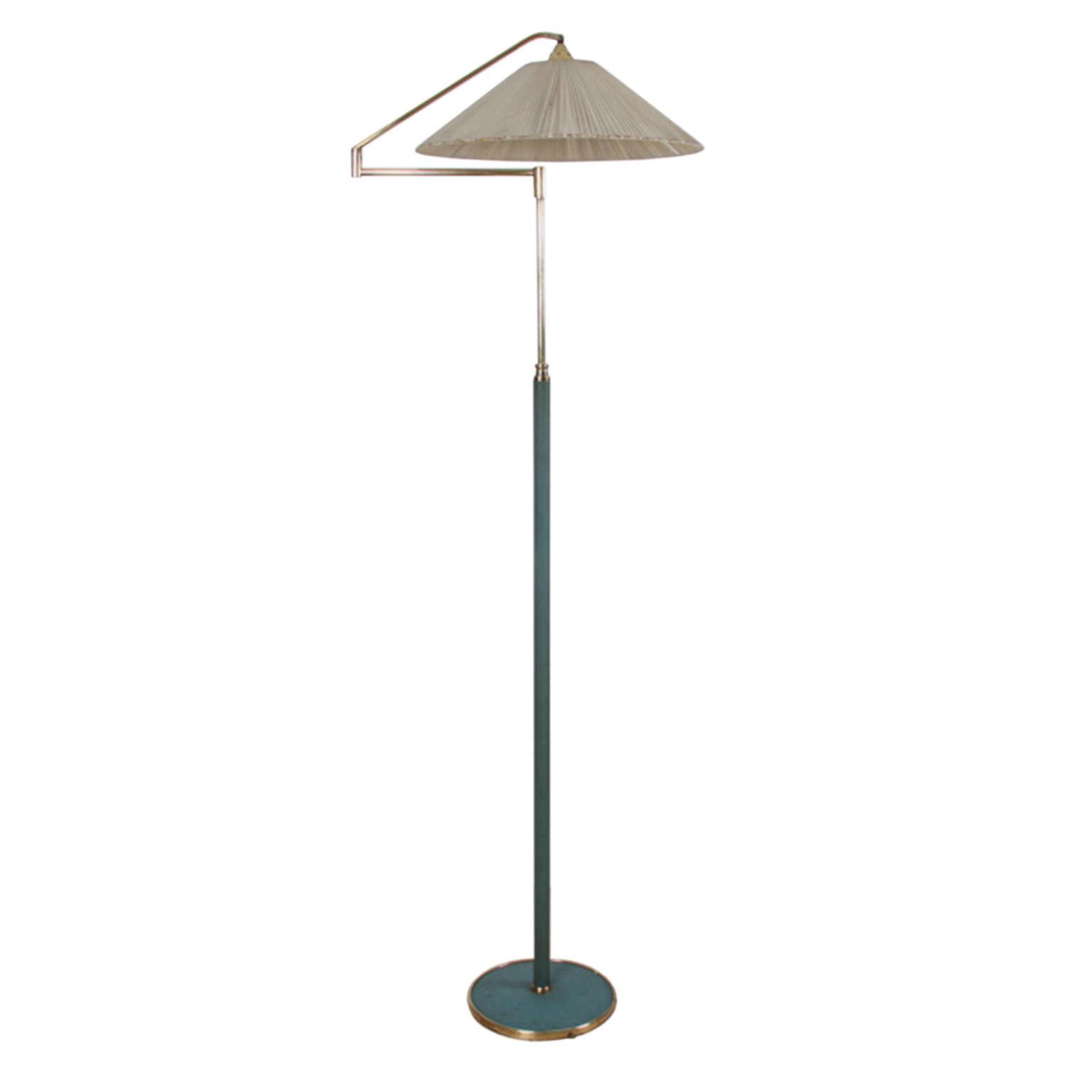 Italian 1950s Green Leather and Brass Swing Arm Floor Lamp