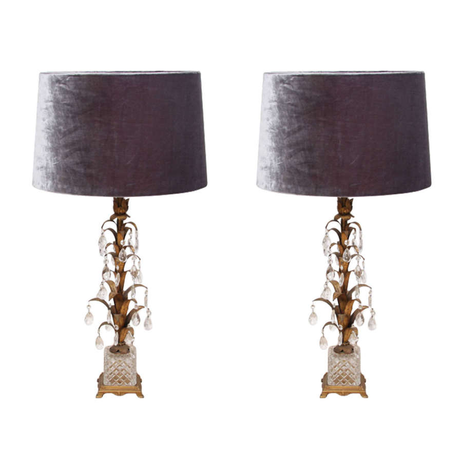 Pair of Italian 1960s Crystal and Tole Metal Table Lamps