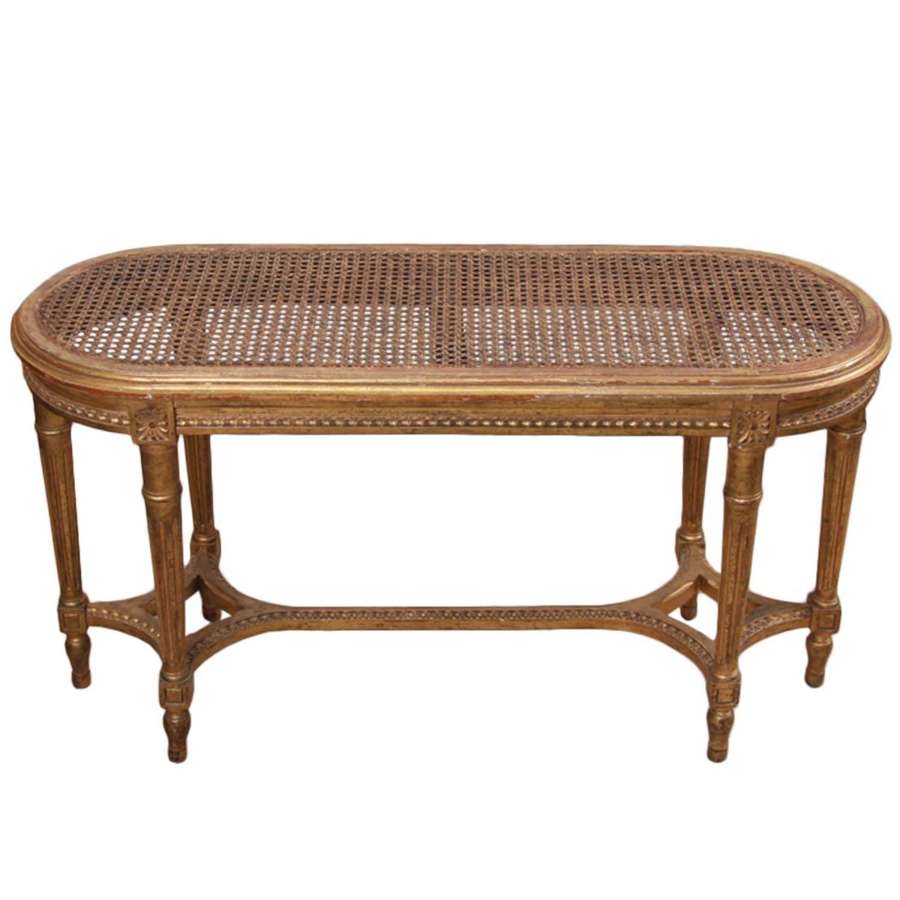 Small French Early 20th Century Cane and Giltwood Bench