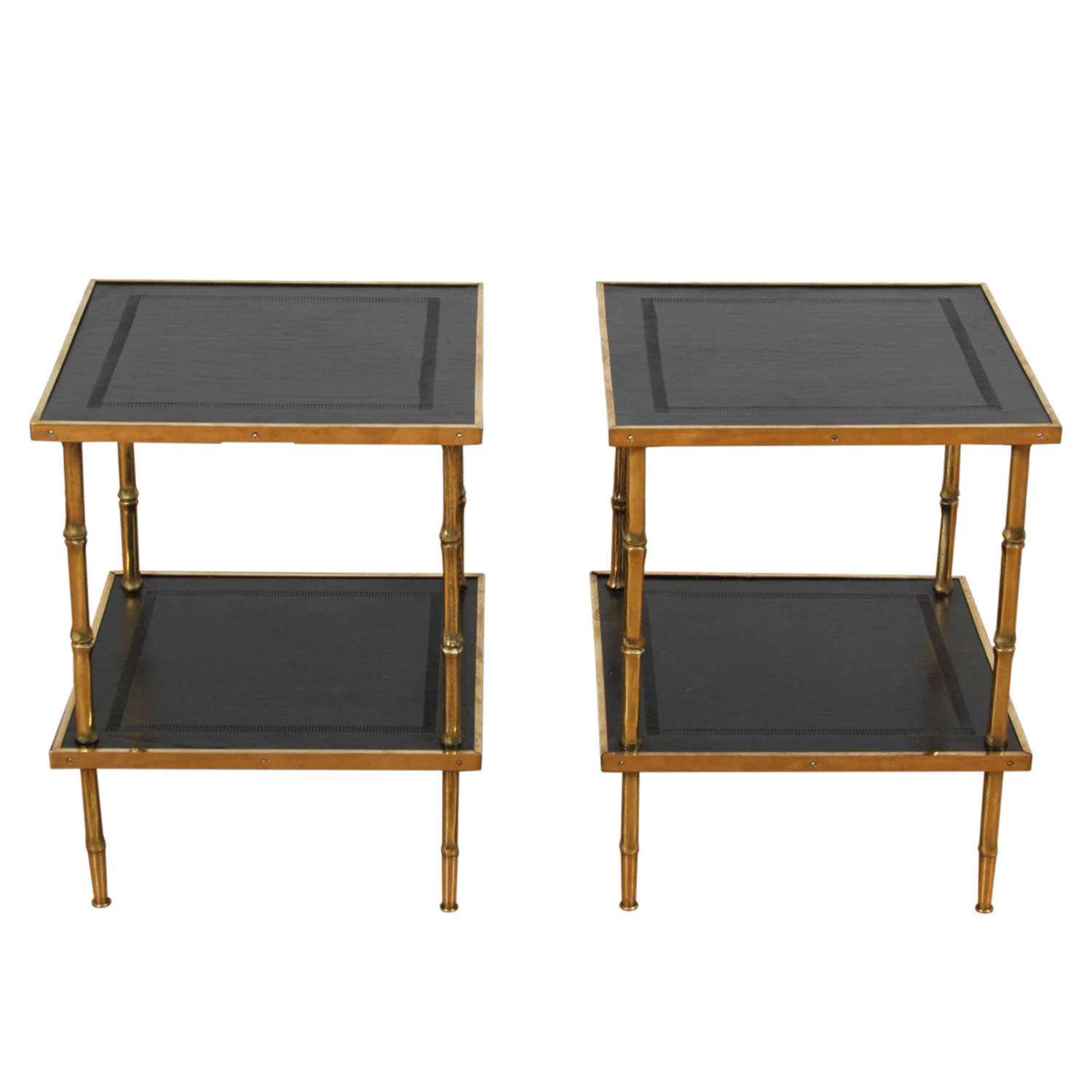 Pair of French 1960s Faux Bamboo Brass and Leather Tables