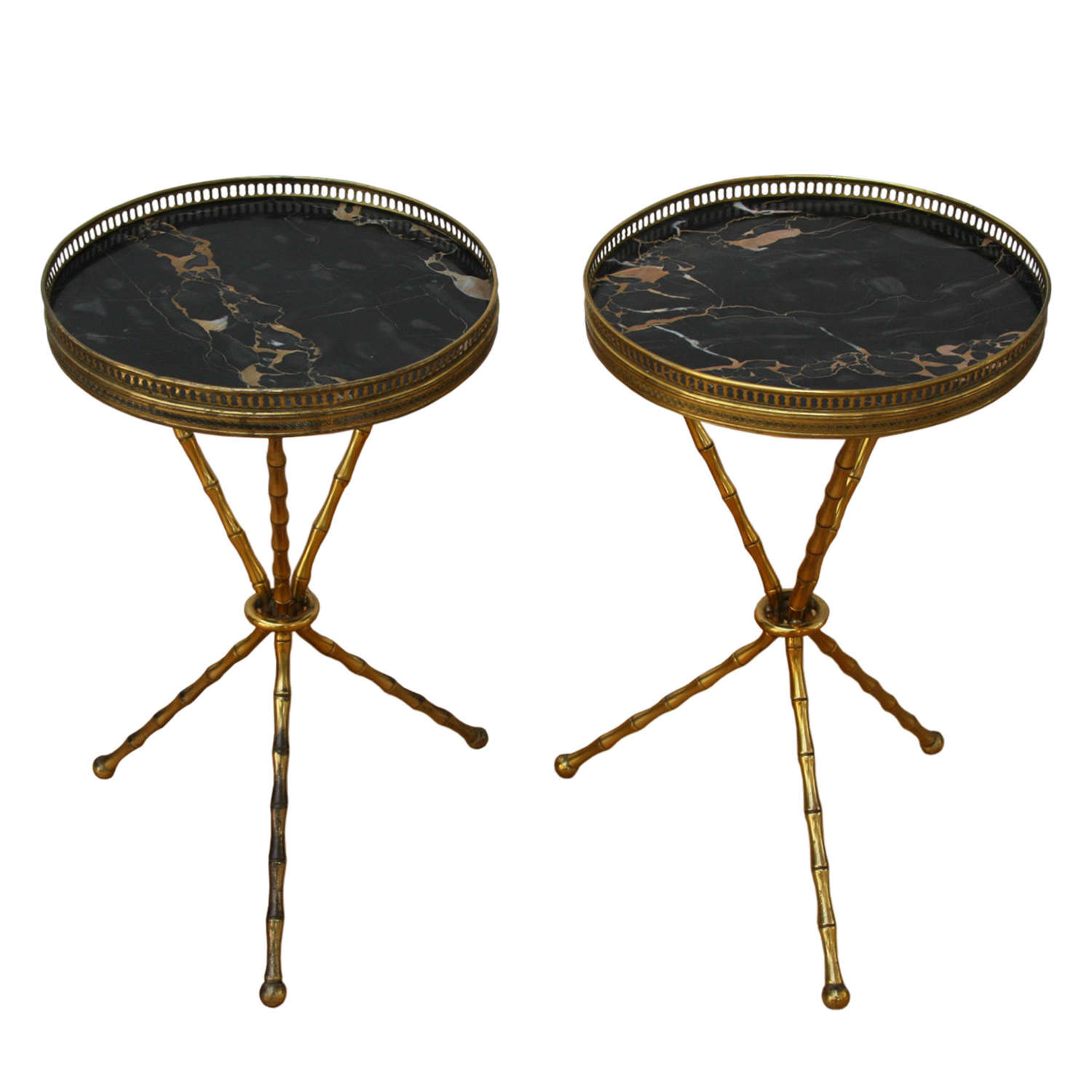 Pair of 1960s French Faux Bamboo Brass and Marble Side Tables