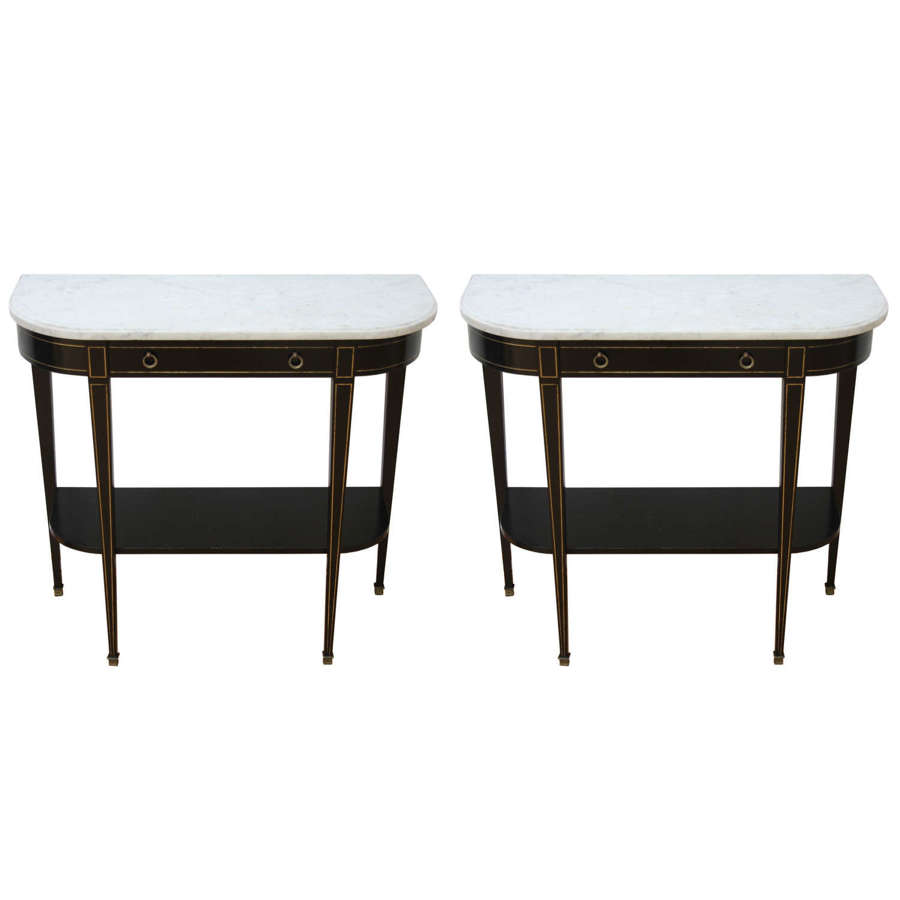 Pair of French 1950s Console Tables with White Marble Tops