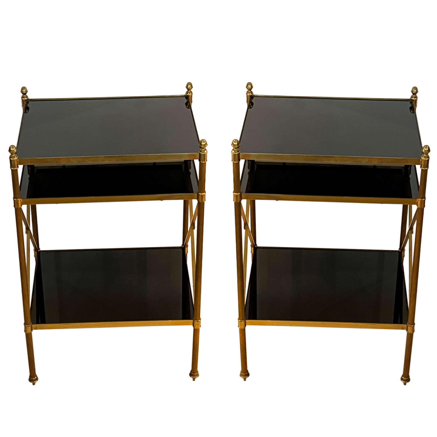 Pair of Black Glass and Brass French Mid Century Side Tables