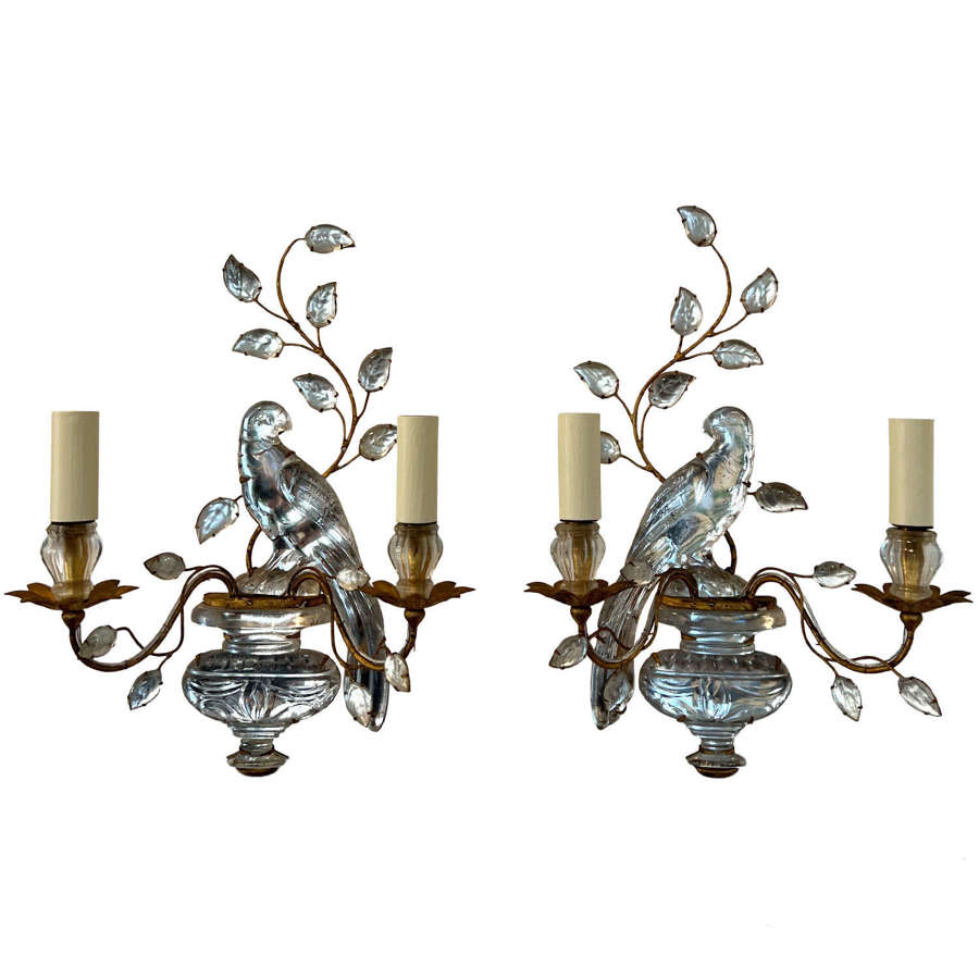 Pair of 1960s Maison Baguès Wall Sconces with Urns and Parrots