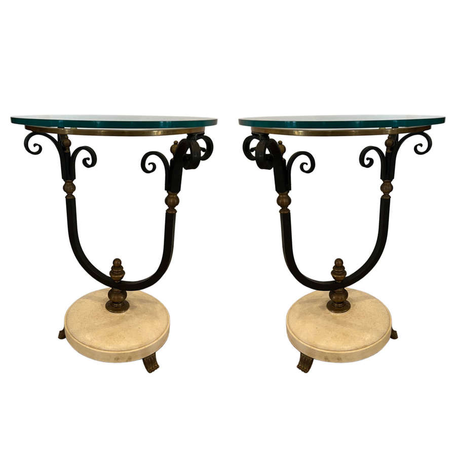 Pair of French 1960s Wrought Iron and Brass Side Tables