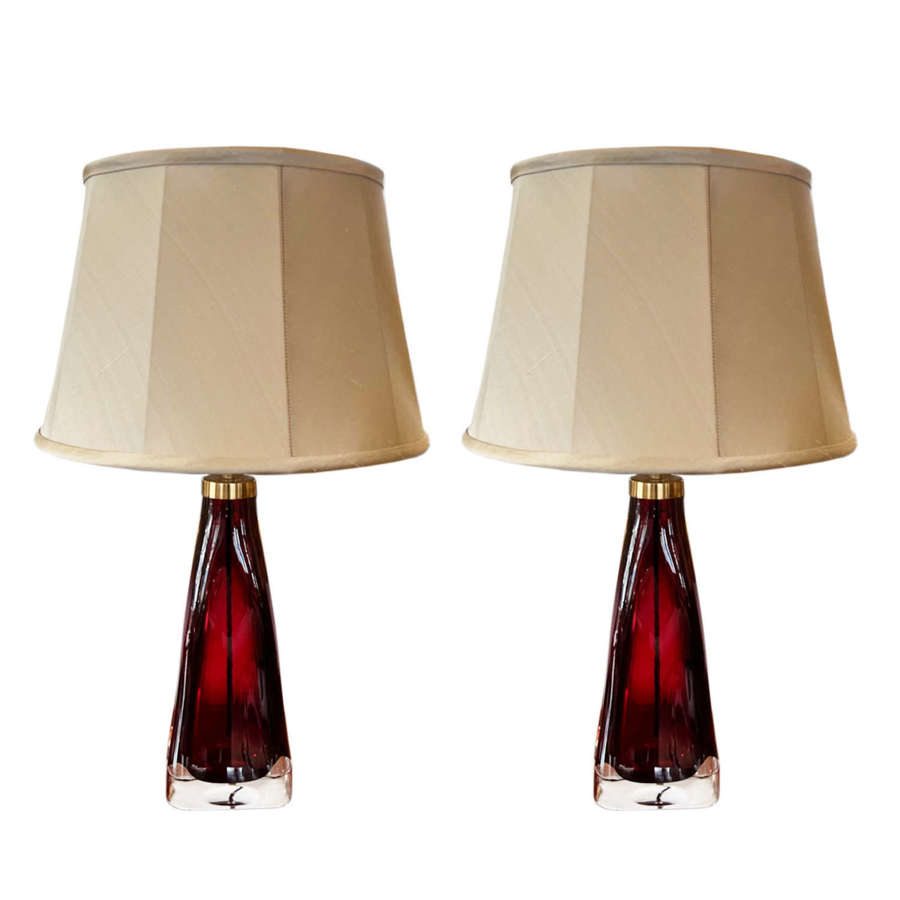 Pair of 1960s Cranberry Orrefors Lamps With Brass Fittings