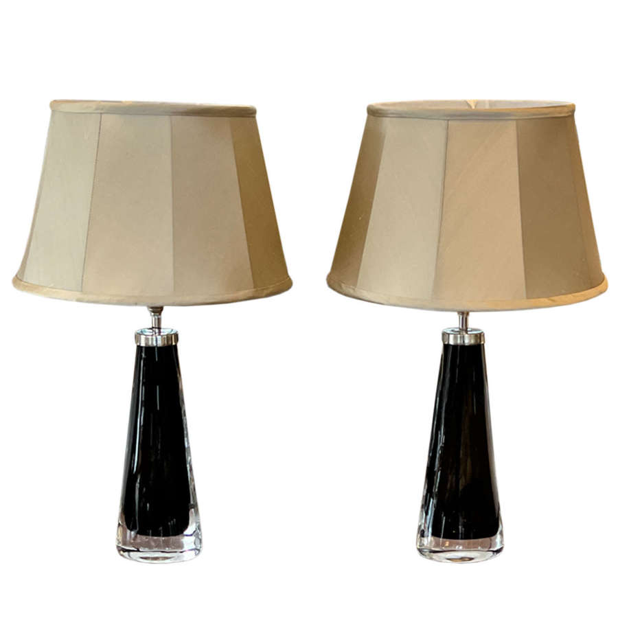 Pair of 1960s Olive Green Orrefors Lamps With Nickel Fittings