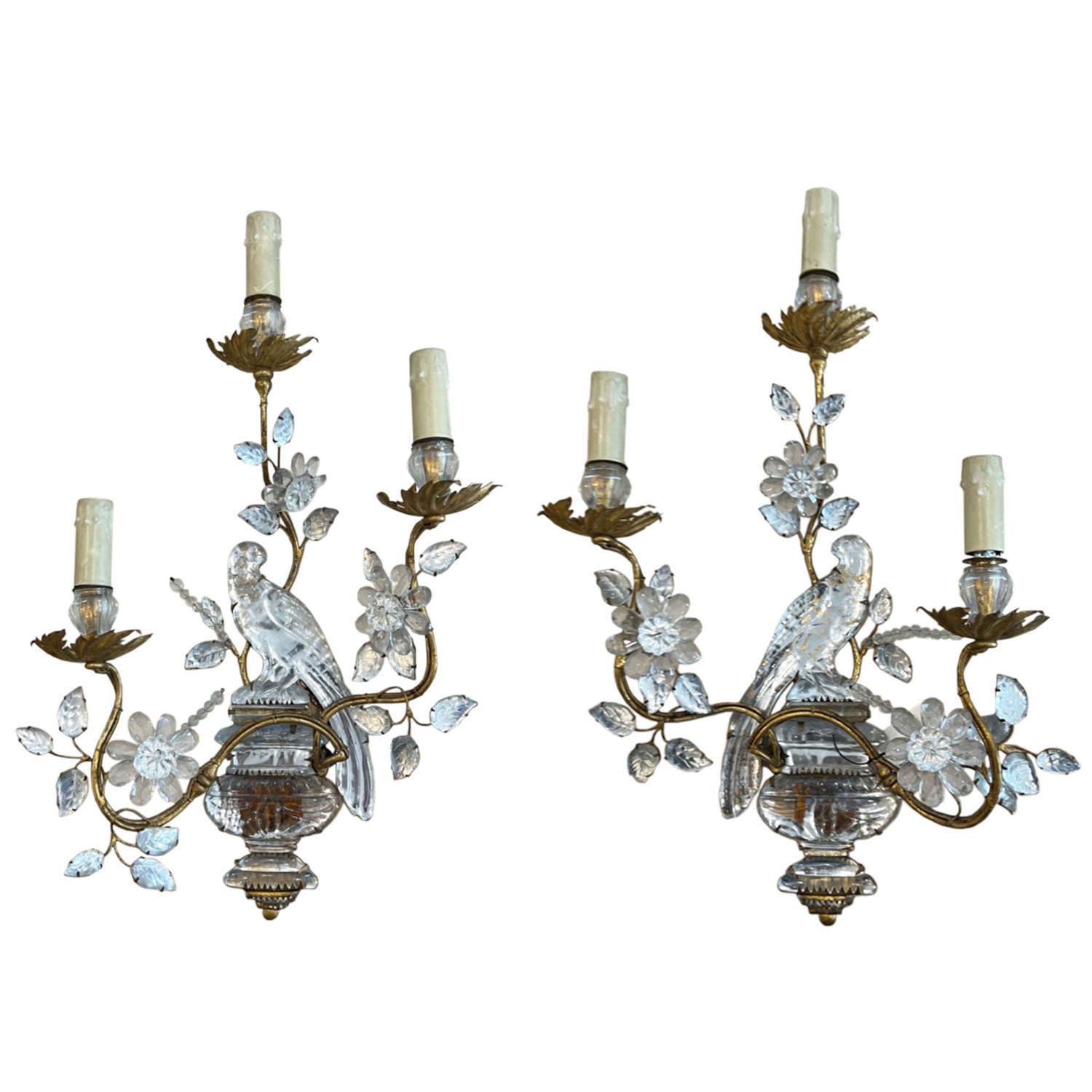Pair of Large Maison Baguès Wall Sconces With Parrots and Urns