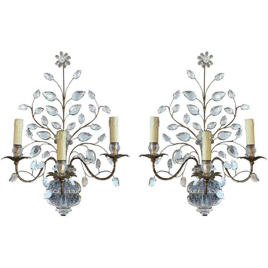 Large Pair of Maison Baguès Wall Sconces With Urns and Flowers