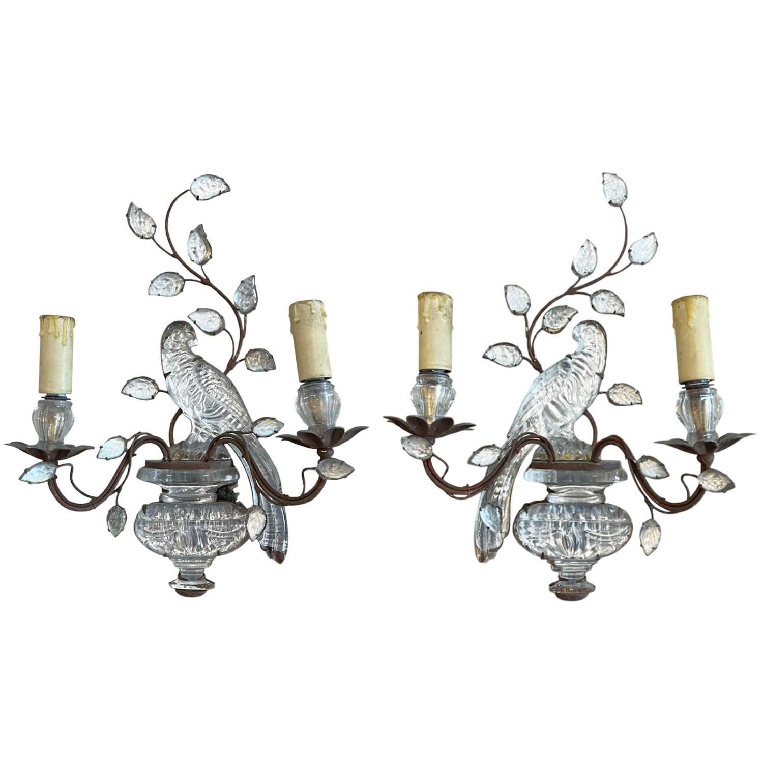 Pair of Maison Baguès Wall Sconces With Parrot and Urn Decoration