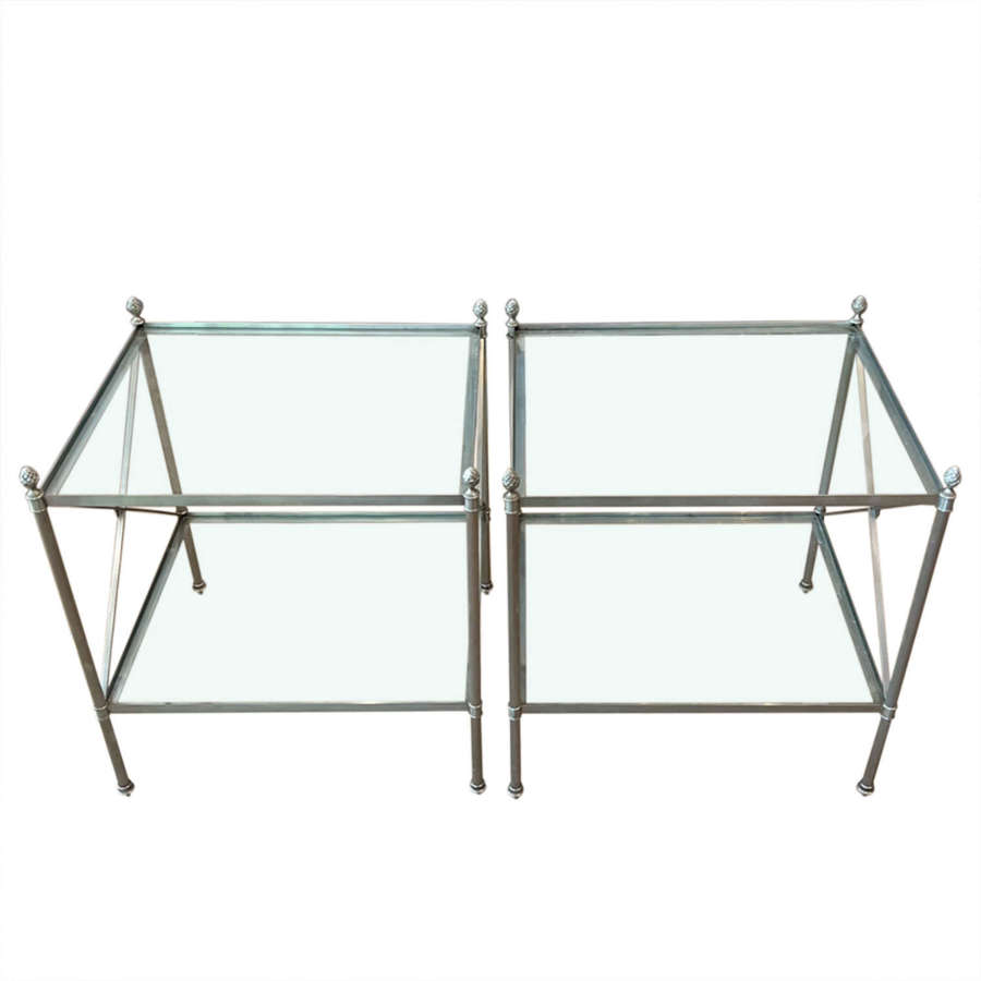 Pair of French Midcentury Steel and Glass Side Tables