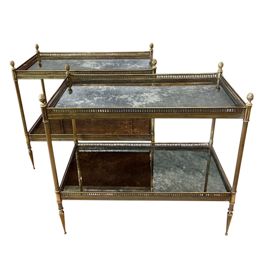 Pair of French Midcentury Gilt Metal and Eglomise Glass Side Tables