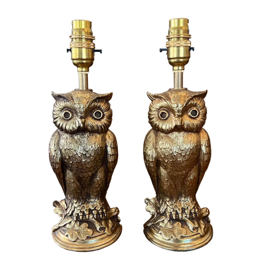 Pair of French 1960s Gilt Metal Owl Table Lamps