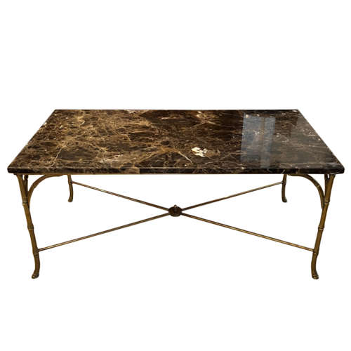 Faux Bamboo Brass mid Century Coffee Table With Marble Top