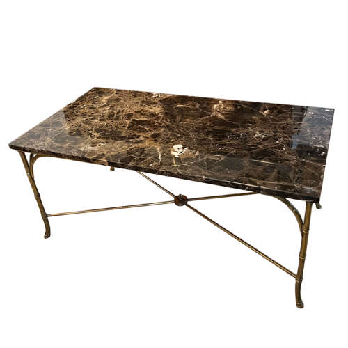 Faux Bamboo Brass mid Century Coffee Table With Marble Top