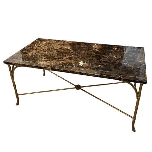 Faux Bamboo Brass mid Century Coffee Table With Marble Top