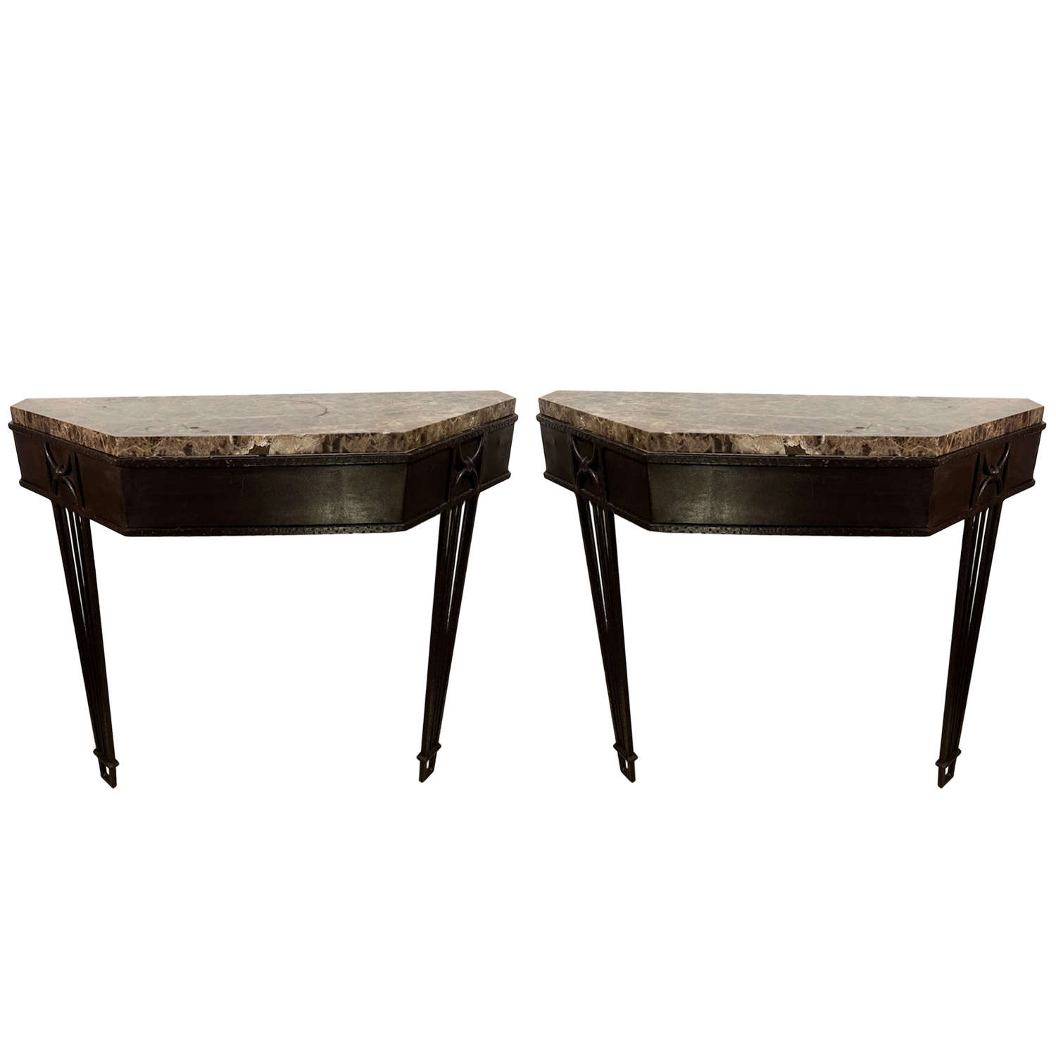 Pair of Mid Century Metal Console Tables With Marble Tops