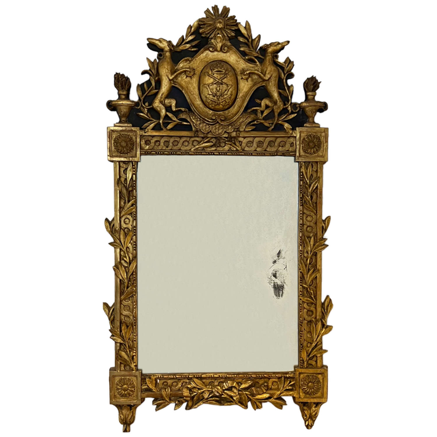 French 18th Century Giltwood Crested Mirror With Dogs