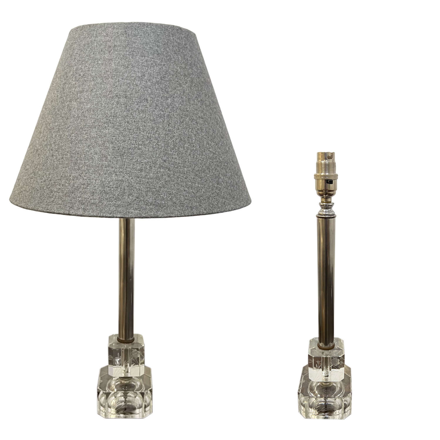 Pair of 1960s Small Etched Glass and Silver Plated Table Lamps