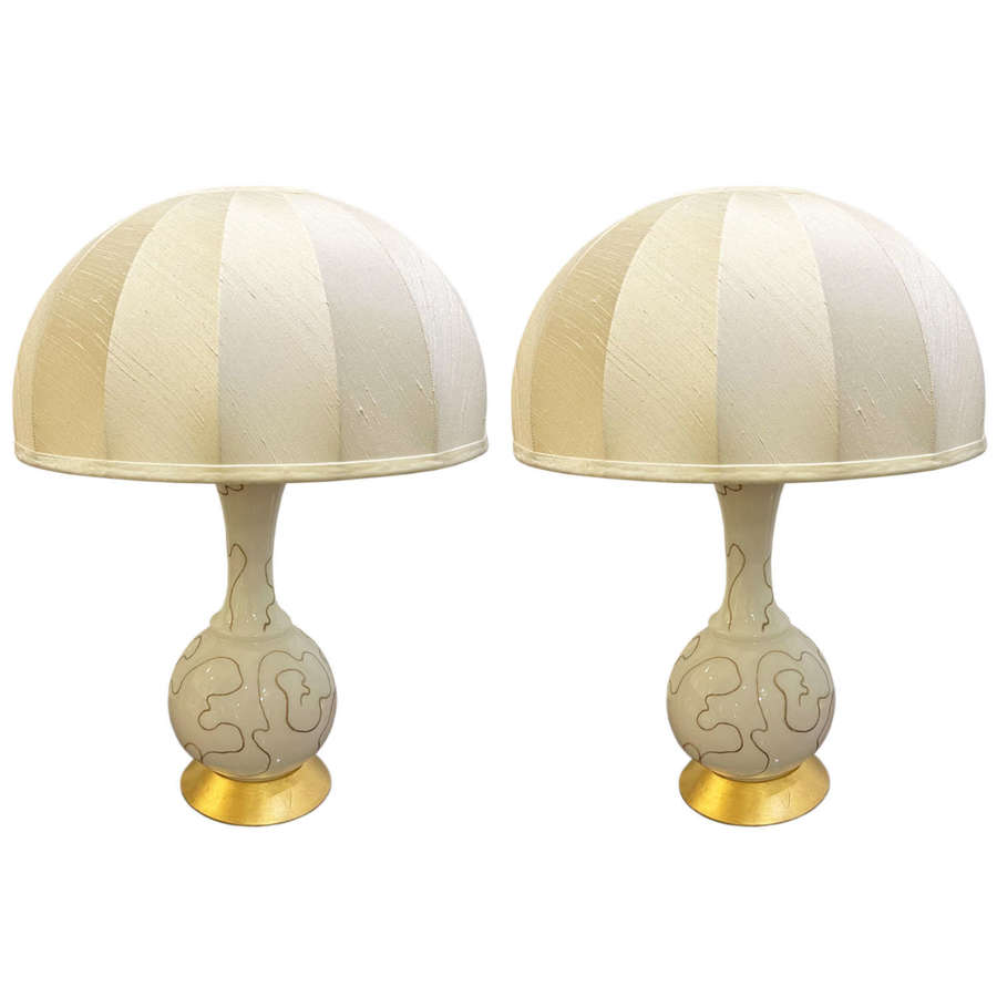 Pair of 1960s Italian White Glass Table Lamps With Gold Detail
