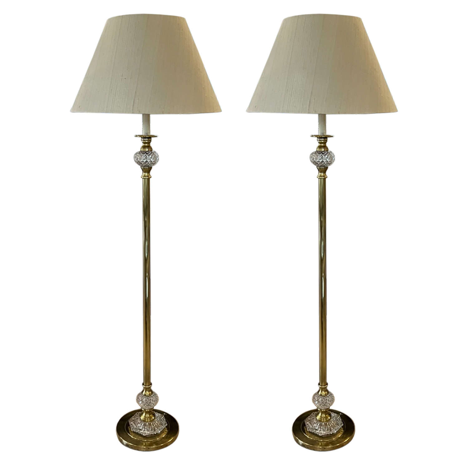 Pair of Brass and Crystal 1960s Floor Lamps