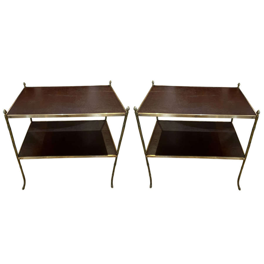 Pair of Brass Faux Bamboo Mid Century Side Tables With Leather Tops