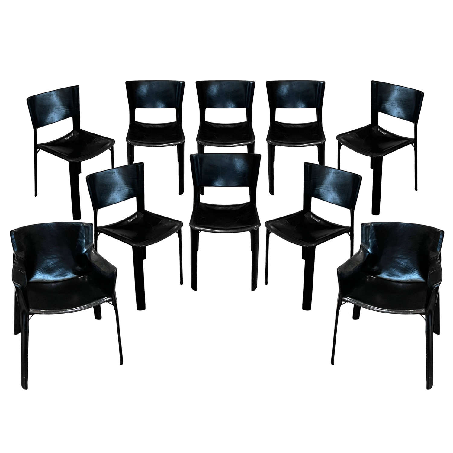 Set of 10 1970s Black Leather and Steel Chairs Attrib to Mario Bellini