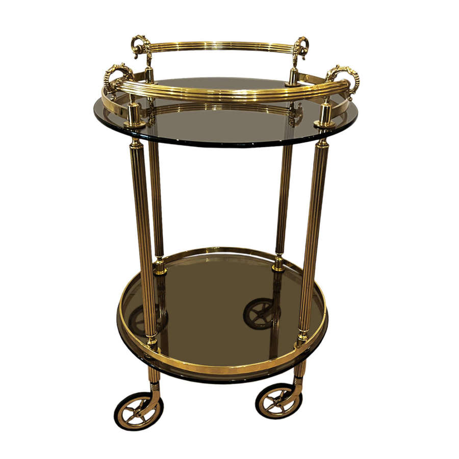 Small Midcentury Smoked Glass and Brass Bar Cart