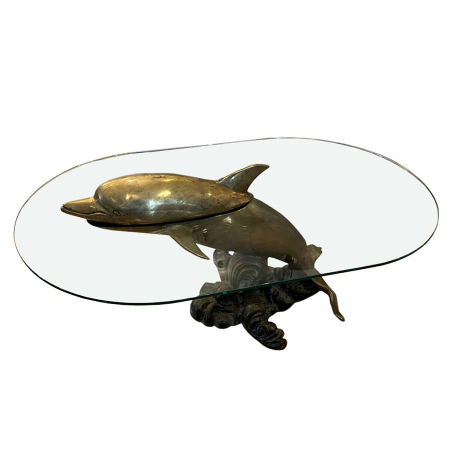 French Midcentury Brass and Glass Dolphin Coffee Table