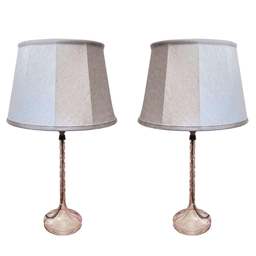 Pair of Midcentury Pale Pink Glass Table Lamps
