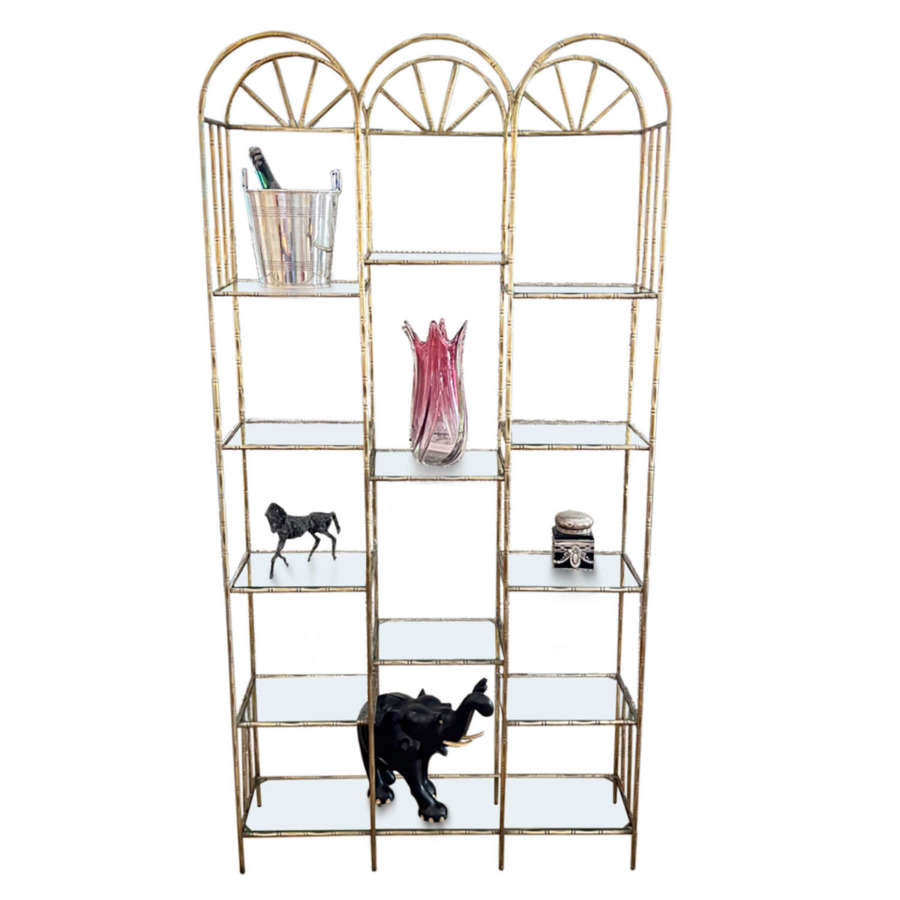 French Midcentury Faux Bamboo Brass and Glass Shelves
