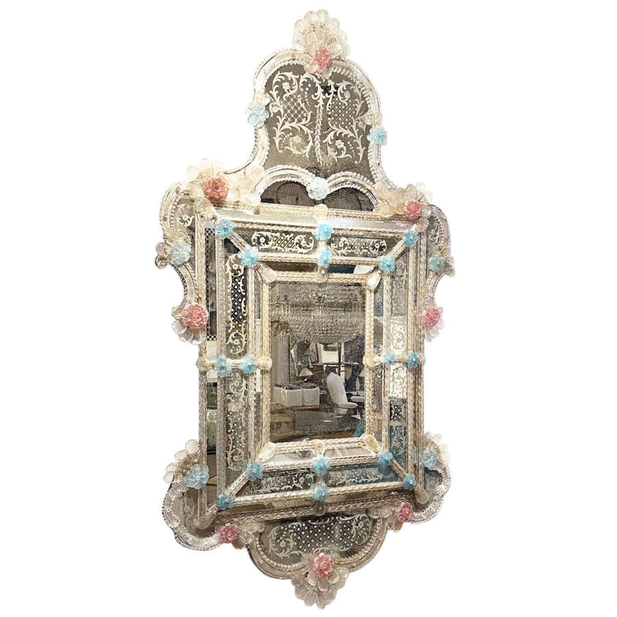 Large 1950s Murano Mirror With Blue and Pink Flowers