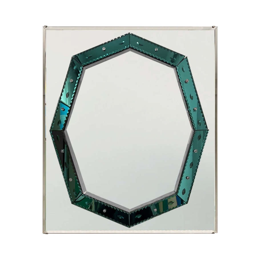 British Art Deco Mirror with Green Glass Detail