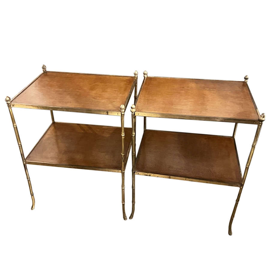 Pair of Midcentury French Brass with Leather Topped Side Tables