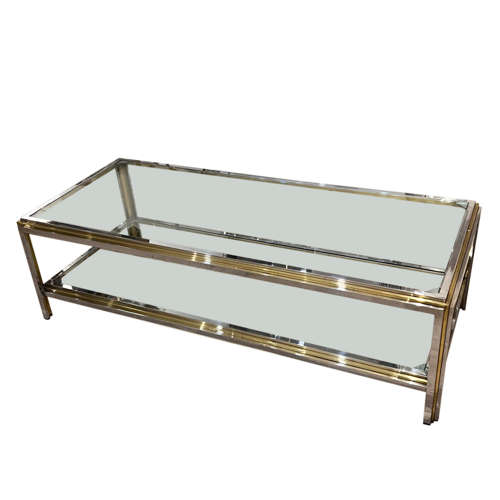 Midcentury Chrome and Brass Two Tier Coffee Table With Clear Glass