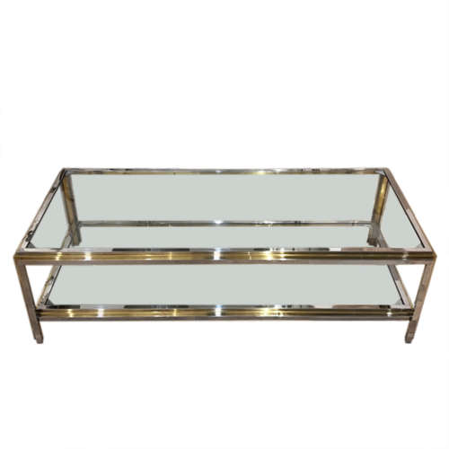 Midcentury Chrome and Brass Two Tier Coffee Table With Clear Glass