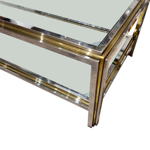 Midcentury Chrome and Brass Two Tier Coffee Table With Clear Glass