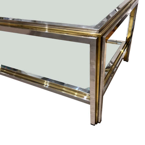 Midcentury Chrome and Brass Two Tier Coffee Table With Clear Glass