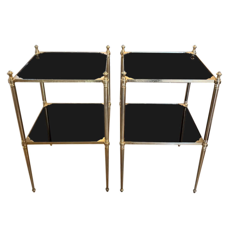 Pair of Jansen Style French Midcentury Side Tables With Black Glass