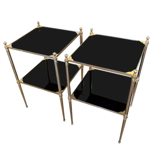 Pair of Jansen Style French Midcentury Side Tables With Black Glass